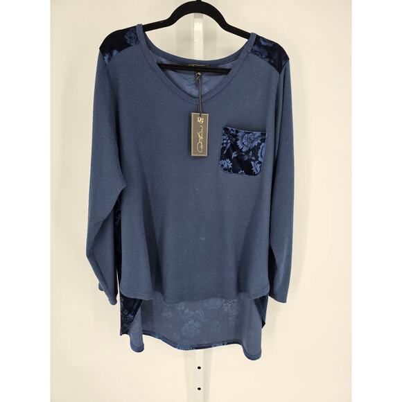 NWT DG2 Women's Blue Round Neck Hi-Low Hem Velvet Knit Mixed Top Size 1X - Picture 1 of 5